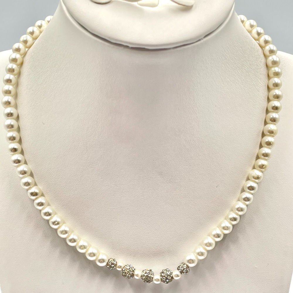 VTG Y2K Cici Icing Faux Pearl Strand Choker Necklace Rhinestone Disco Ball Beads